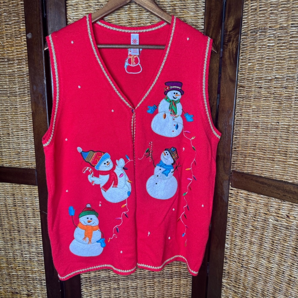 Grandmacore Red Snowman Embroidered Christmas Sweater Vest Plus Size 1X 16W